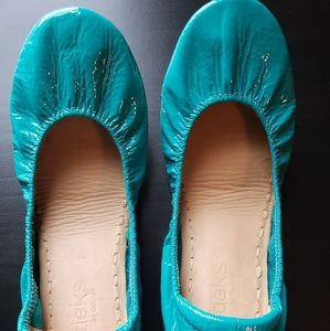 Tieks blue patent leather shoe